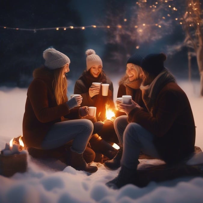 A group of friends enjoying a warm cup of coffee around a campfire in the snow, embracing the chilly winter spirit.