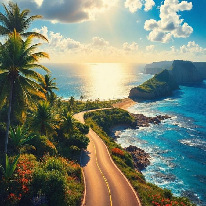 Embark on a scenic journey along a tropical coastal road, where the sun kisses the horizon with golden light, illuminating the path towards a tranquil beach paradise.