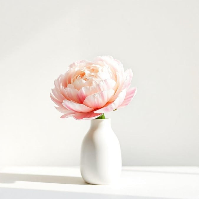 Elegant minimalist home decor, pink peony in a white vase on a clean surface.