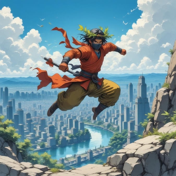 This detailed anime illustration captures the dynamic leap of a ninja warrior over a bustling cityscape. The hero, adorned with vibrant clothing and a crown of leaves, embodies the spirit of adventure and freedom. The city below him is a blend of towering buildings and flowing rivers, all painted in shades of blue and green, creating an immersive Anime-like atmosphere.