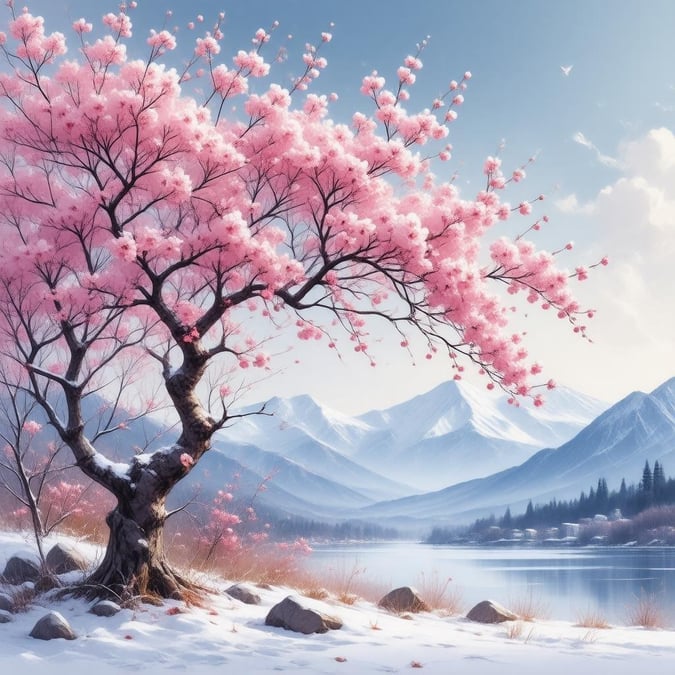 This beautiful anime-style wallpaper features a stunning sakura tree with vibrant pink and white flowers, set against a serene snowy landscape with a distant mountain range. The peaceful and tranquil scene captures a moment in nature, perfect for desktop and mobile use.