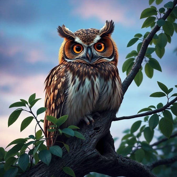 A captivating view of an owl perched on a tree branch, its gaze fixed directly on the camera. This image is sure to delight with its clear focus and vivid colors.