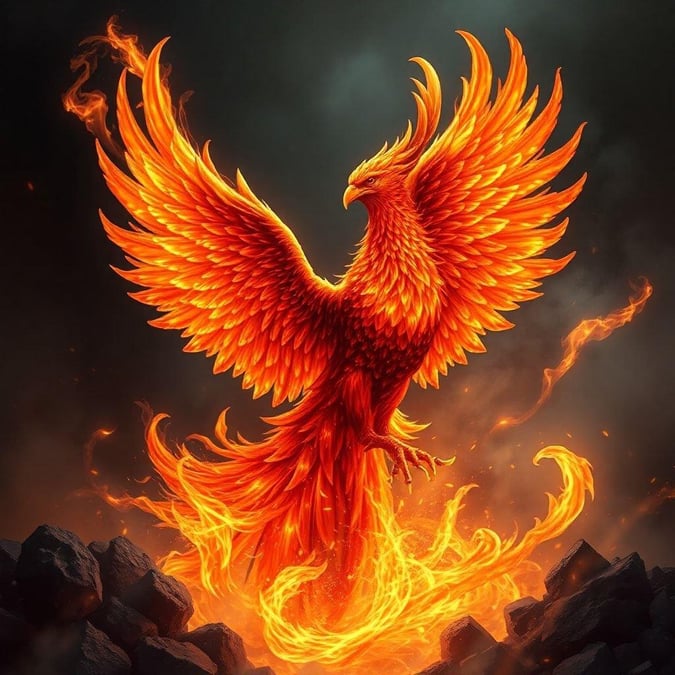 Behold the magnificent Phoenix, a creature of myth and legend brought to life in this captivating wallpaper. The fiery plumage is ablaze with vibrant orange hues, contrasted by the soft black of the rocks around it. Amidst the smoke and flames, this majestic bird stands tall, a symbol of rebirth and transformation.