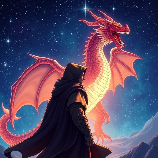 In this epic scene from a fantasy world, a brave warrior stands before a majestic dragon under the starry night sky. The dragon, with its scales glowing in hues of red and gold, spreads its wings wide, ready to unleash its fiery breath. Meanwhile, the warrior, clad in a cloak, stands resolute, his sword held high and poised for battle. This artwork captures the thrilling moment of confrontation between these two powerful creatures.