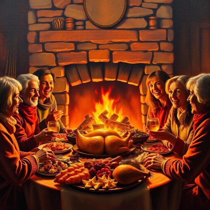 A warm, inviting scene of family and friends coming together to celebrate Thanksgiving. The room is filled with laughter and the scent of a delicious roast as they sit around a fireplace, enjoying each other's company over a hearty meal.