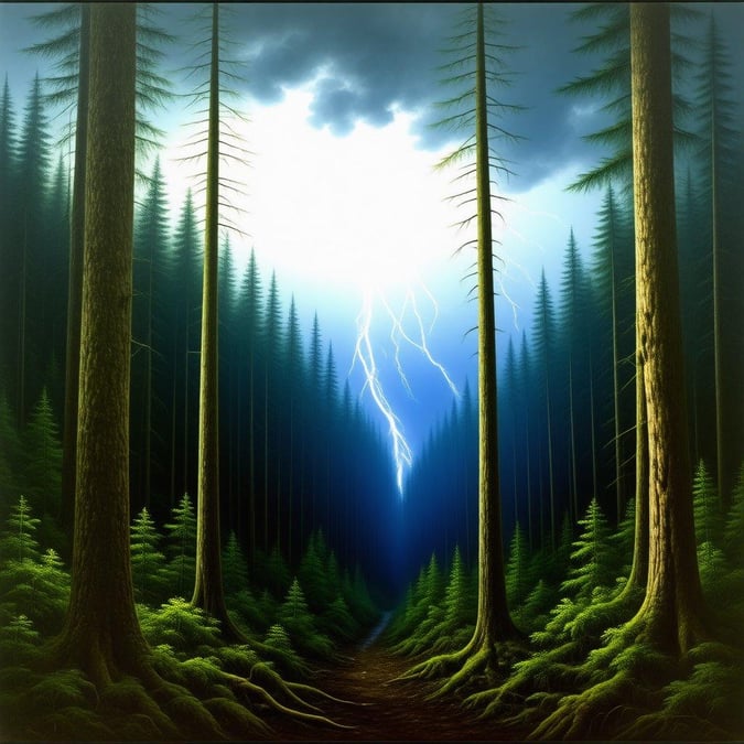 Experience the raw power of nature as a bolt of lightning illuminates a dense forest path. The tranquil atmosphere is breached by a stunning display of electrical energy that both thrills and humbles the viewer.