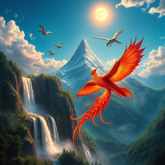 Experience the majesty of nature with this vibrant image featuring a red dragon bird in flight over a picturesque landscape. The scene unfolds under a sunrise or sunset, illuminating the dragon and the surrounding mountains and river. This fantasy wallpaper is perfect for desktop or mobile use to inspire your imagination.