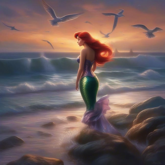 In the serene light of the setting sun, Ariel gazes out over the waves. The sky is awash with hues of orange and pink, casting a warm glow on the scene. Seagulls flutter in the air, adding to the tranquility of the moment. This image captures the essence of dreaming big under the stars, evoking nostalgia for Disney's timeless classic, 'The Little Mermaid'.