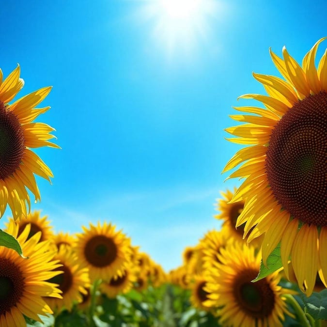 This beautiful wallpaper features a stunning sunflower field under a bright blue sky with the sun shining down, creating a warm and inviting atmosphere.