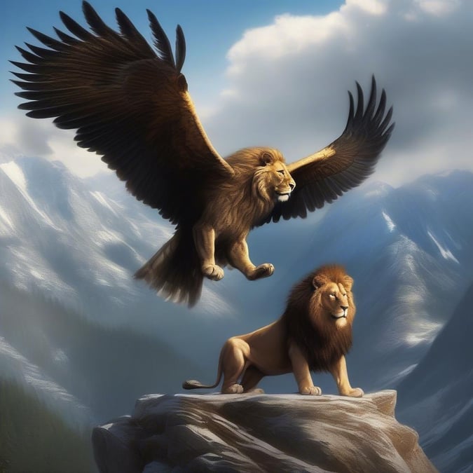 Two majestic lions soaring over a serene mountain landscape. A symbol of power, strength, and freedom.