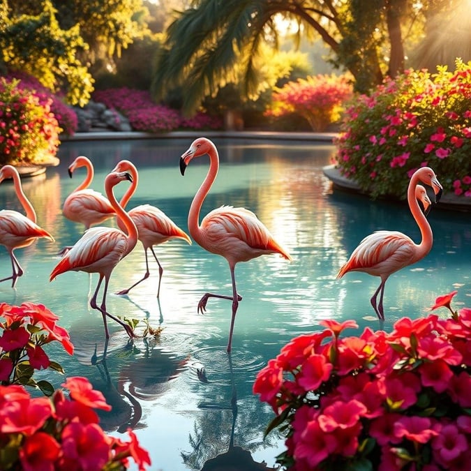 A group of flamingos stand in shallow water, surrounded by pink flowers and greenery in a peaceful and serene atmosphere.