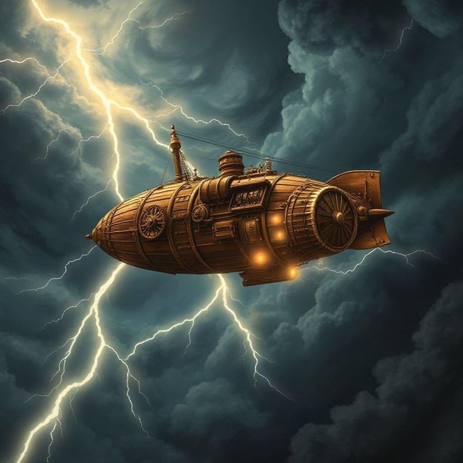 This vintage and retro-themed wallpaper features a stunning steampunk-style airship navigating through a dramatic stormy sky. The airship's wooden hull and brass accents evoke a sense of nostalgia and adventure, while the lightning-lit clouds add a touch of drama and excitement.