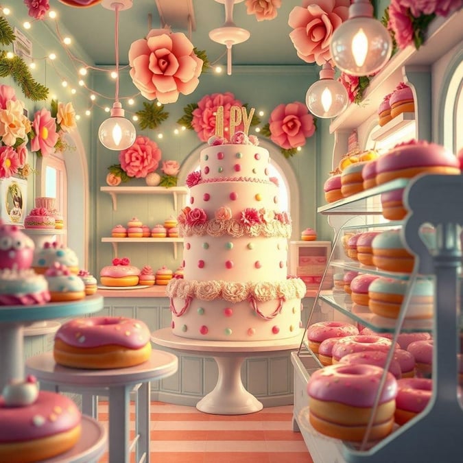 A delightful and whimsical bakery scene celebrating a little one's first birthday. Feast your eyes on a rainbow of sweet treats!