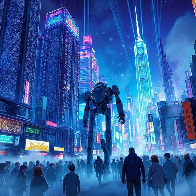 Upplev det livliga nattlivet i ett futuristiskt Tokyo under neonsljusens glöd. Mitt i stadens intrikata arkitektur promenerar en stor robot bland människorna och tillför ett inslag av mysterium och förundran till denna detaljerade digitala illustration.