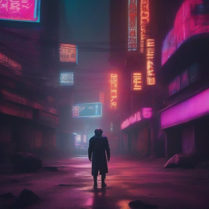 A neon-lit cyberpunk city alleyway at night, with a solitary figure looking out into the future.