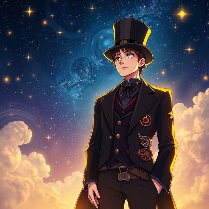 Dyk ner i den fängslande världen av anime med denna fantastiska steampunk-inspirerade tapet. En briljant uppfinnare, klädd i en elegant svart kostym och hatt, står mot bakgrunden av en stjärnklar natthimmel, belyst av ett varmt gult ljus som framhäver de intrikata detaljerna i hans kostym, kugghjul och maskiner.