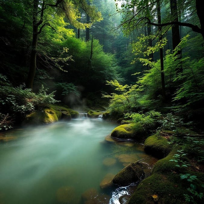 A serene forest stream cascading down the mountain, perfect for a tranquil hike in the woods.