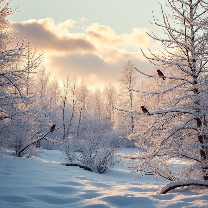 This serene winter landscape features a group of birds perched on snow-covered branches, set against a backdrop of a bright and sunny sky.