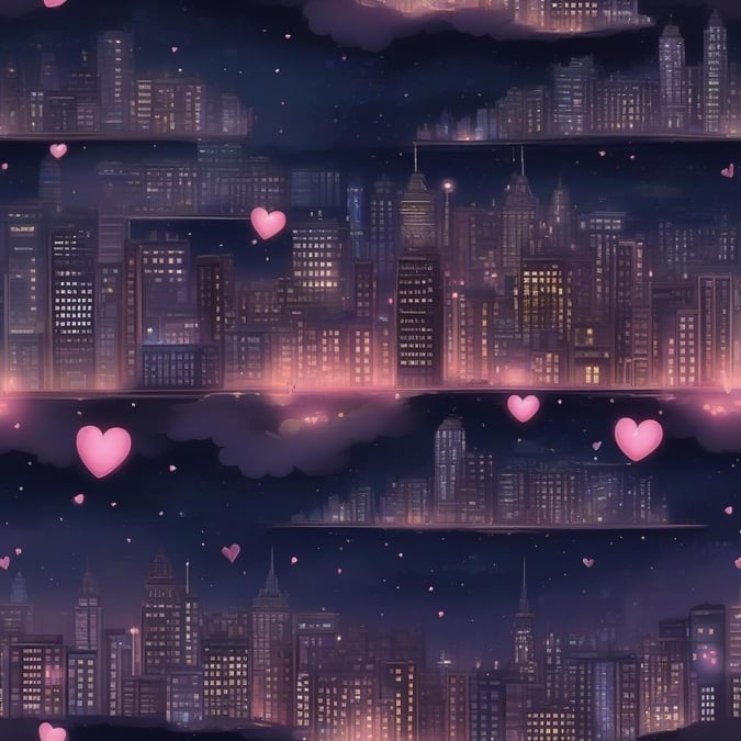 A romantic city night skyline with love hearts floating above, perfect for Valentine's Day celebration. A captivating wallpaper of urban architecture and romance.