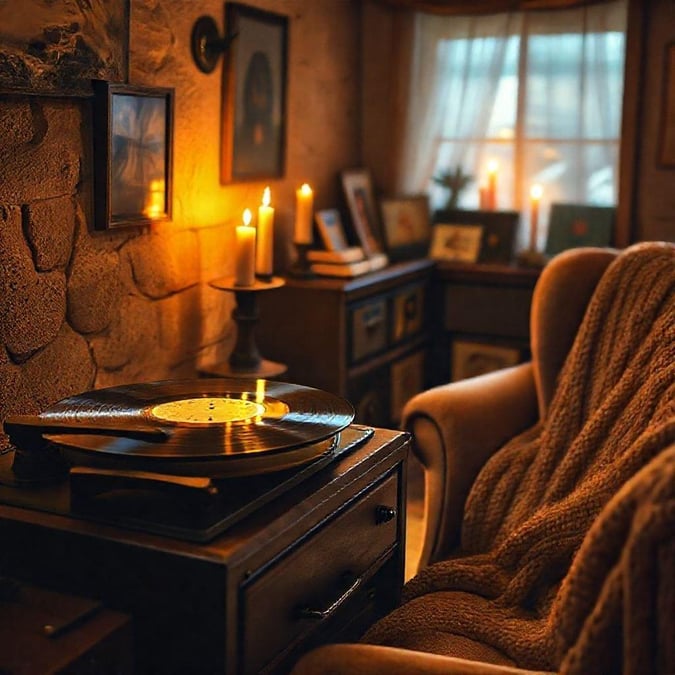 A cozy corner that takes you back in time with a warm glow from candles and a vintage record player.