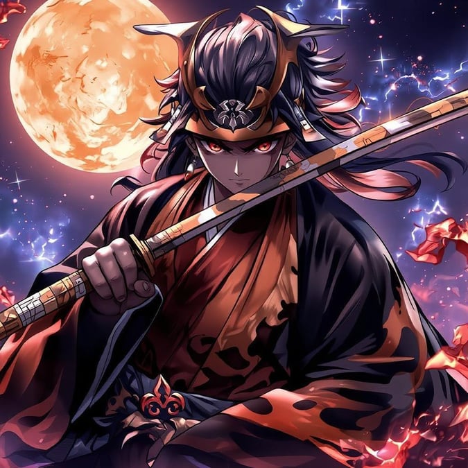 Immerse yourself in the world of anime with this stunning wallpaper featuring a samurai slicing through a starry night sky.