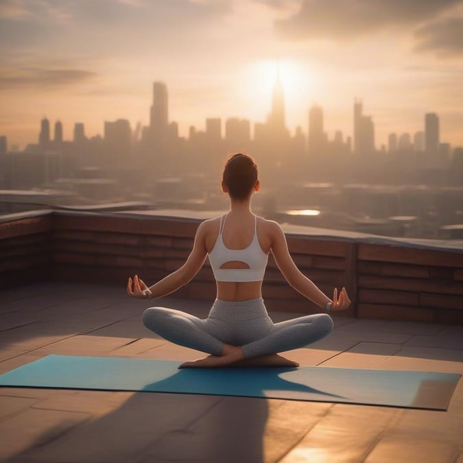 This image captures a serene moment of a woman practicing yoga on a rooftop, surrounded by the beauty of the city skyline. The woman is dressed in a white sports bra and gray leggings, sitting cross-legged on a light blue yoga mat, with her hands in a mudra position. The background features a stunning view of the city skyline, with the sun shining brightly behind the buildings, creating a warm and uplifting atmosphere. This image embodies the spirit of wellness and inspiration, inviting the viewer to find peace and tranquility in the midst of urban life.