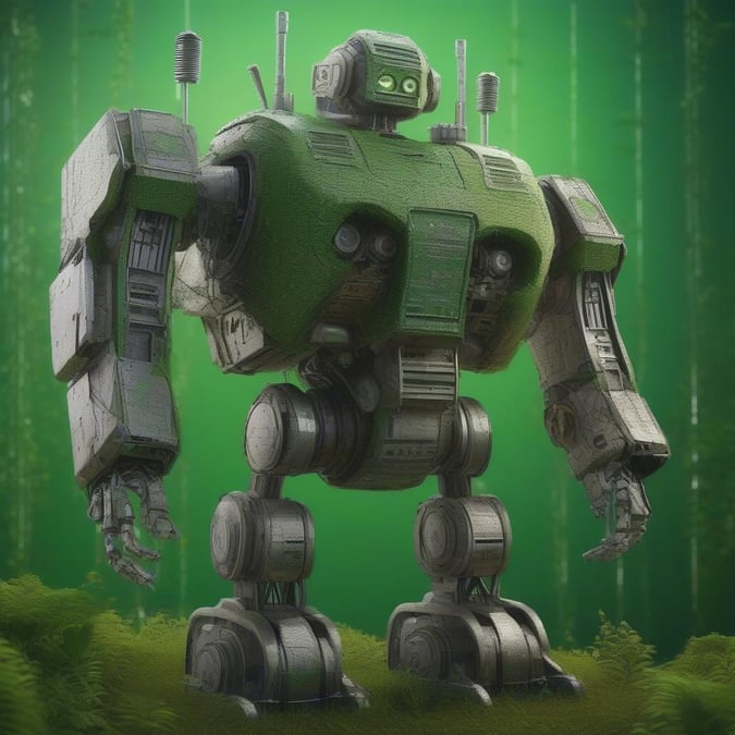 A vintage-style green robot exploring an ancient forest, possibly in search of artifacts or simply enjoying the wilderness. This wallpaper brings a touch of science fiction to your desktop.