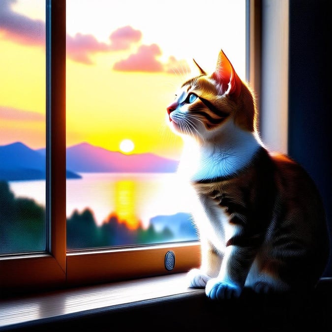 This stunning wallpaper features a serene sunset scene with a cute cat gazing out the window, capturing the essence of tranquility and companionship.