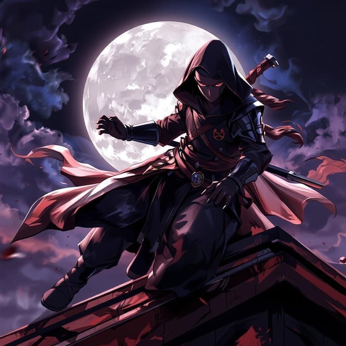 Get ready to unleash your inner ninja with this stunning wallpaper featuring a skilled warrior leaping from the shadows of a full moon. The anime-style illustration brings the scene to life, with the warrior's hooded cloak and armor glistening in the moonlight. Perfect for desktop and mobile use, this wallpaper is sure to add a touch of mystery and adventure to your digital space.