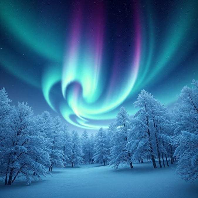 Experience the breathtaking beauty of the Aurora Borealis in this stunning wallpaper image. The vibrant colors of the northern lights dance across the night sky, casting a mesmerizing glow over the snow-covered trees. This serene and peaceful scene is perfect for anyone who loves nature and the magic of the night sky.