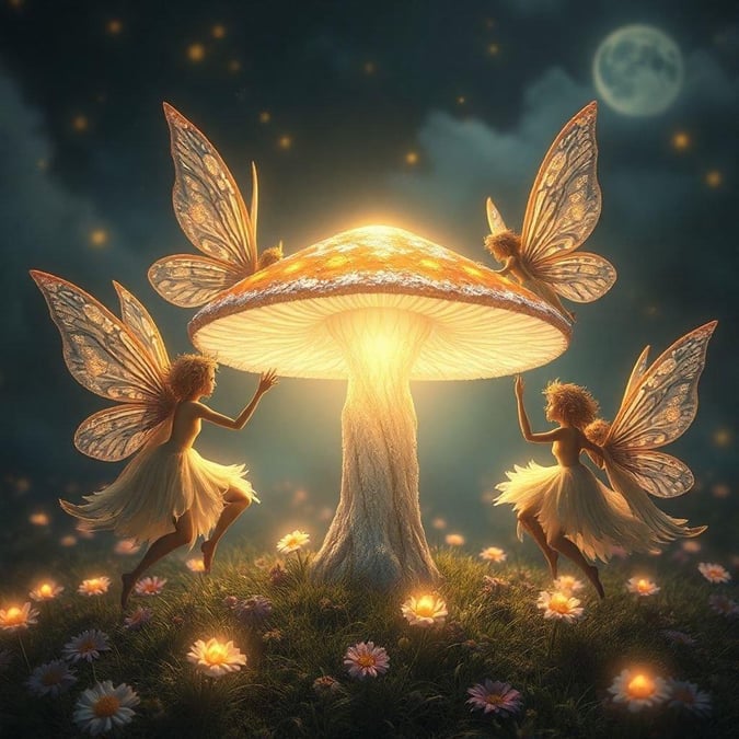 Immerse yourself in the enchanting world of fairy folklore with this fantastical scene. Under the cloak of night, a magical forest comes alive with the soft glow of fairies and the radiance of a giant mushroom. The air is filled with the whispers of the night and the hum of unseen creatures.