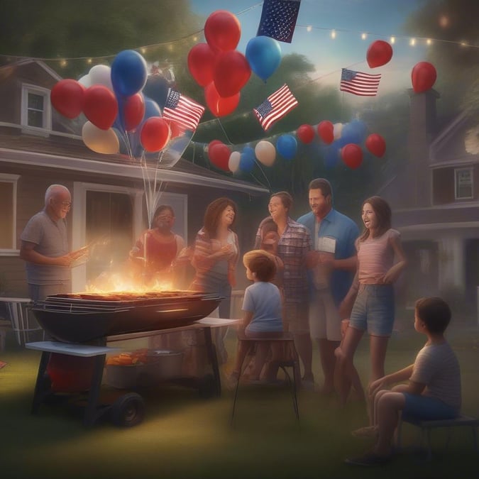 Celebrate the nation with family in this heartwarming Independence Day scene. Relax on the porch and enjoy the view while savoring traditional treats from the grill.