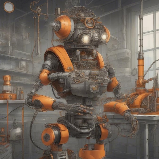 Tämä digitaalinen kuva esittelee yksityiskohtaisen robottikeksijän sekasortoisessa steampunk-tyylisessä laboratoriossa. Robotin intensiiviset oranssit silmät ja terävät hampaat erottuvat tylsän harmaan taustan joukosta, kun taas monimutkaiset rattaat ja mekaniset osat lisäävät futuristista käännettä kohtaukseen. Kuvassa on hetki hiljaista pohdintaa, keskittyen robotin puuhasteluasentoon.