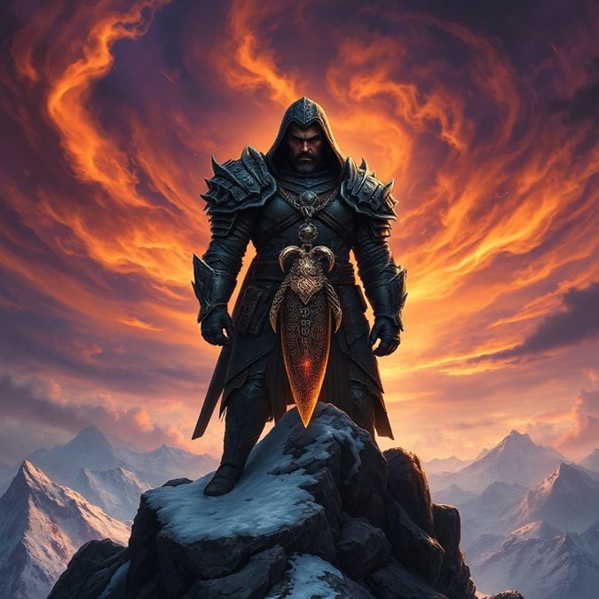 This fantastical figure embodies the mystique of mountain guardians, standing tall amidst an ethereal backdrop of swirling flames and majestic peaks.