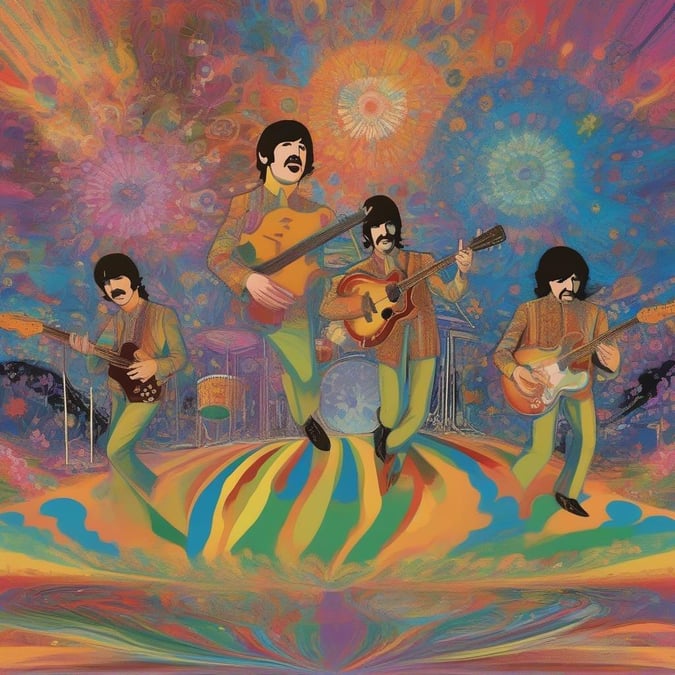 Get ready to groove with this psychedelic wallpaper featuring the iconic Beatles. The colorful and abstract background is sure to transport you back to the 60s, while the band's iconic style and music will keep you entertained for hours.