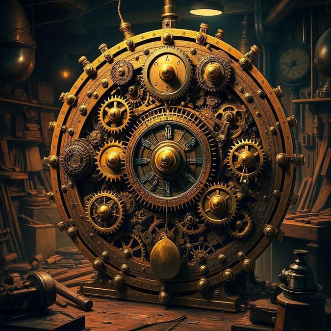 A fantastical steampunk design, featuring an ornate machine with gears and mechanisms set against a backdrop of a workshop or laboratory.