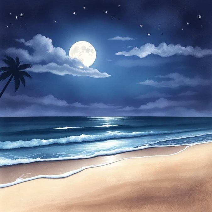 A peaceful night scene at the beach, where the moon gently illuminates the ocean waves and the horizon. A beautiful view for relaxation.