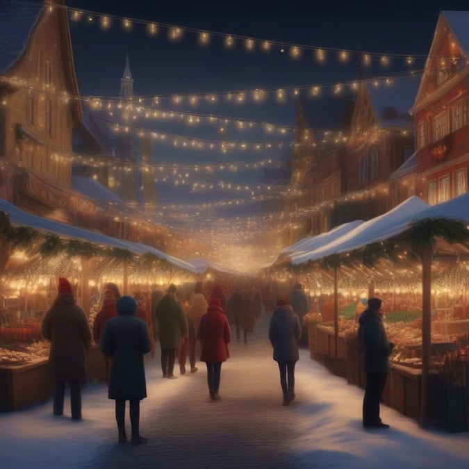 Wander through the streets of a European village transformed into a festive market. People are out in their coats, shopping for holiday gifts under the warm glow of strings of lights.