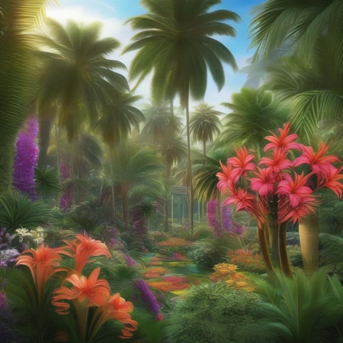 A vibrant garden teeming with a variety of exotic flowers, lush palm trees, and a tranquil pond in the heart of nature.