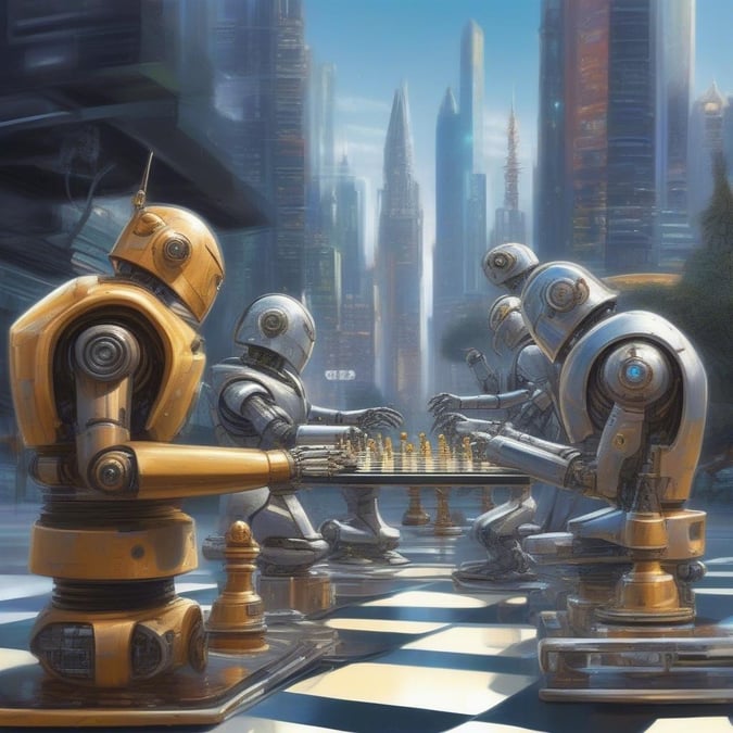 In this captivating scene, robots engage in a game of chess, showcasing their strategic prowess and mechanical precision. The futuristic setting, complete with sleek skyscrapers and advanced technology, adds to the sense of innovation and progress. As the robots move their pieces with calculated precision, the viewer is drawn into a world where artificial intelligence and human ingenuity intersect.