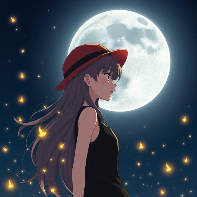 This anime wallpaper features a young girl with long hair and a sleeveless top, standing under the light of a full moon. She is surrounded by a swarm of fireflies and wears a red hat, with her hair blowing in the wind as she looks to the left.