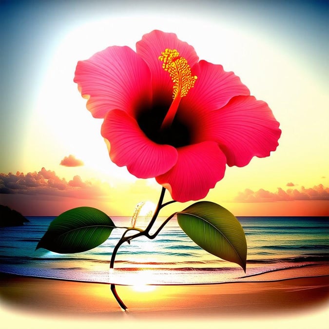 A beautiful pink hibiscus flower blooms against the backdrop of a warm sunset by the ocean. A serene image for desktop and mobile background.