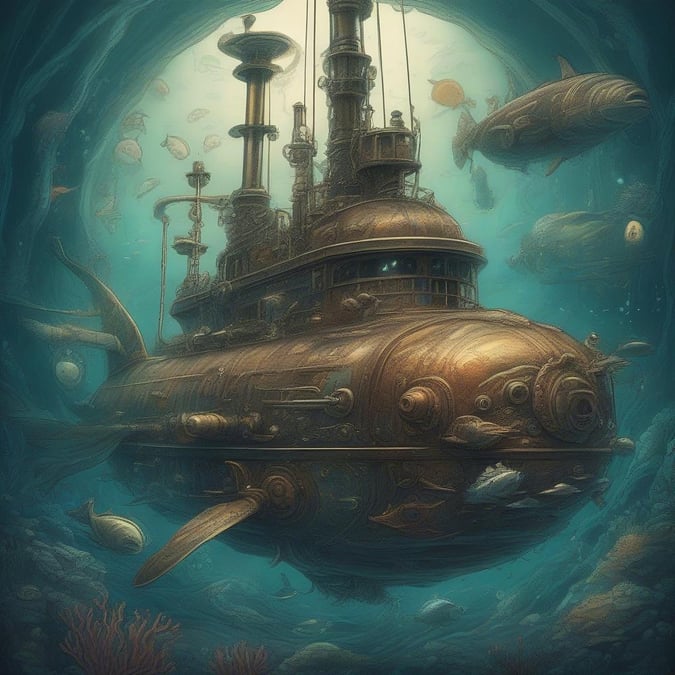 Dive into the depths of the ocean with this stunning underwater scene, featuring a submarine and a school of fish.