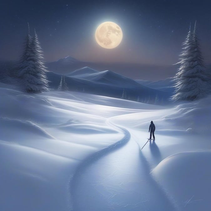 Embrace the winter night with the tranquility of solitude on this snowy path. The soft glow of stars twinkle above, while a full moon casts its gentle light across the scene.