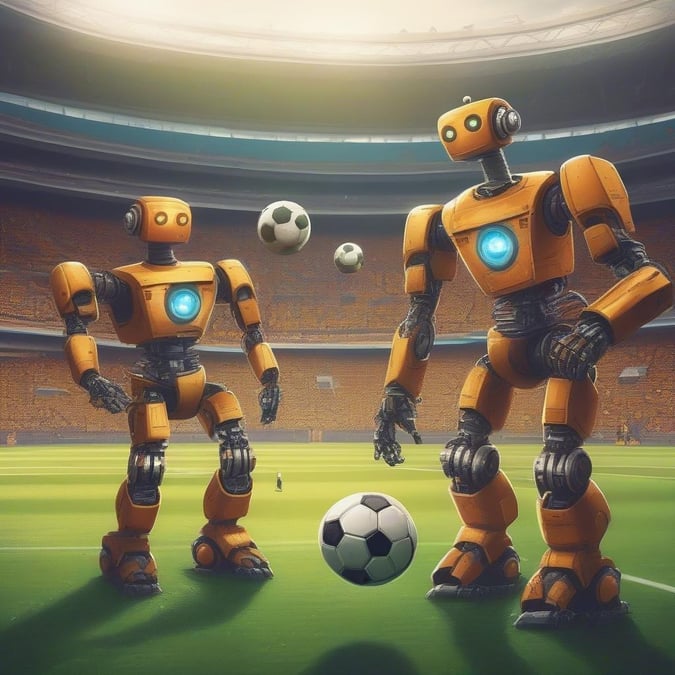 This image features two robots engaged in a game of soccer, showcasing their teamwork and coordination.