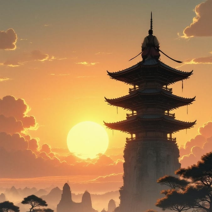 A beautiful anime-inspired scene of a lone ninja perched on top of a giant pagoda, silhouetted against a vibrant sunset.