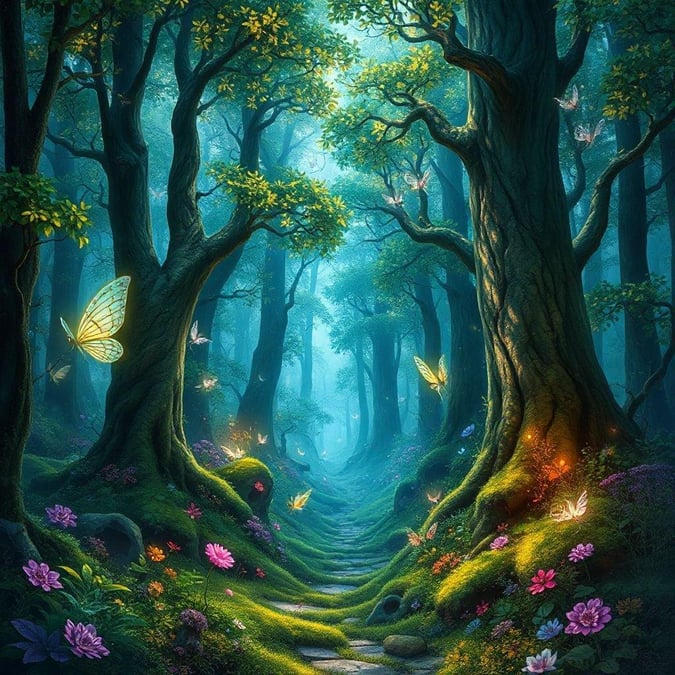 Step into a world of wonder with this enchanting forest wallpaper. The lush greenery and vibrant flowers create a sense of serenity and tranquility, making it the perfect addition to any room.