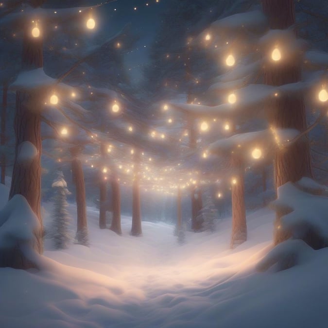 A magical snow-covered path leading to a forest adorned with twinkling fairy lights. The perfect holiday scene for desktop and mobile.