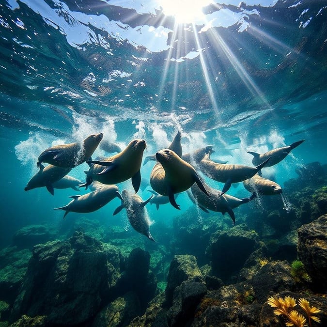 A stunning image of sea lions swimming in the ocean, with sunlight filtering through the water.