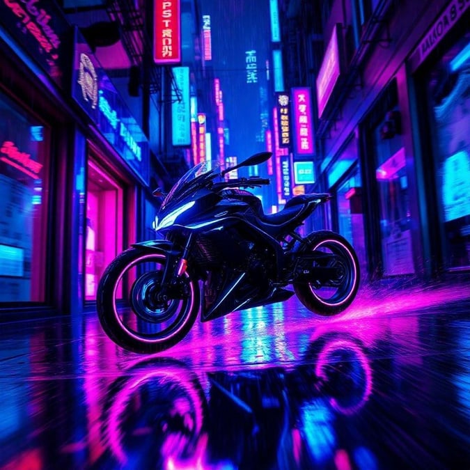 A nighttime scene with a sleek black and blue electric motorcycle, possibly inspired by cyberpunk themes, gliding through an illuminated urban street lined with neon signs.